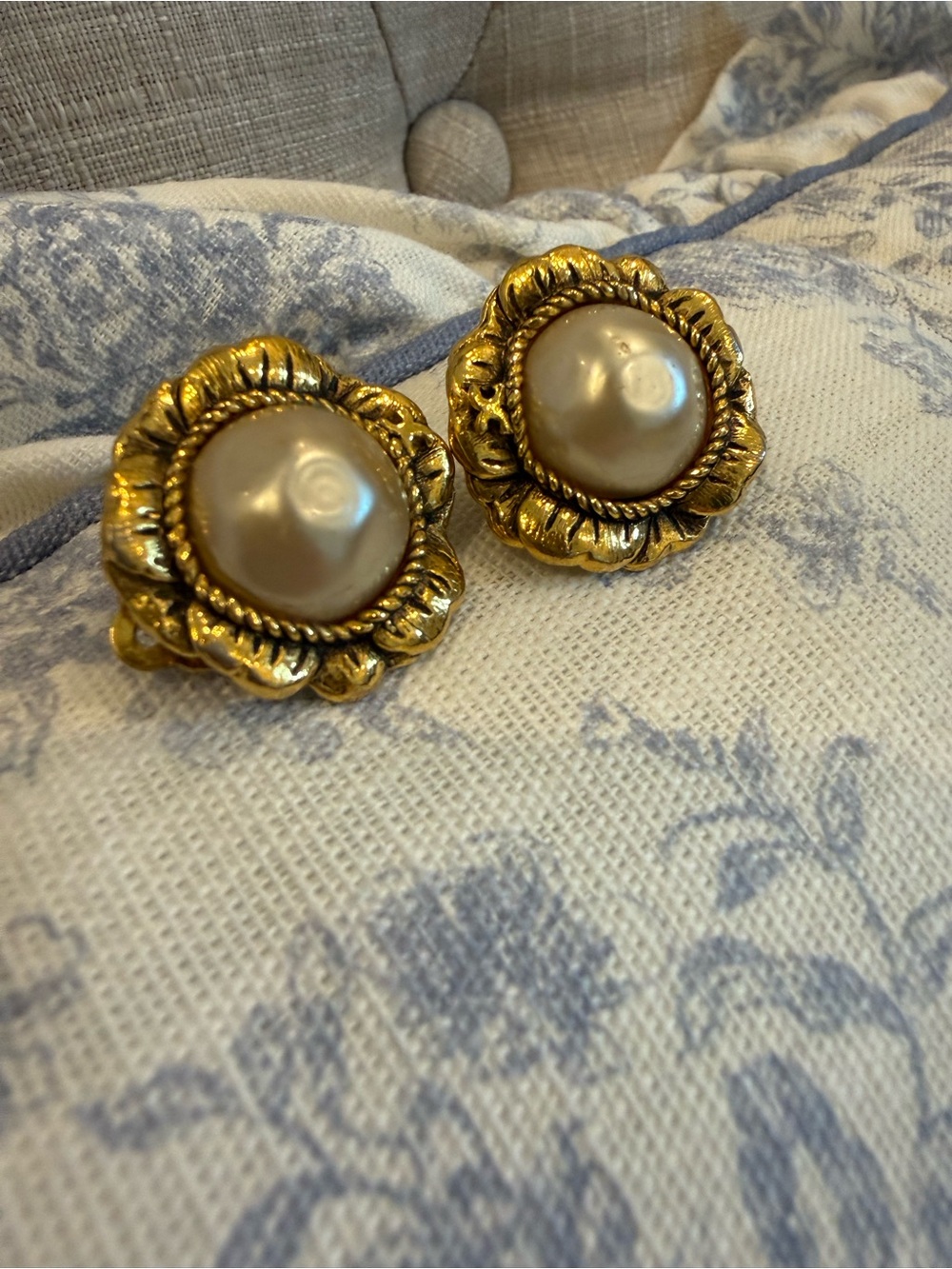 Chanel Vintage Gold Faux Baroque Pearl Camellia Flower Clip-On Earrings